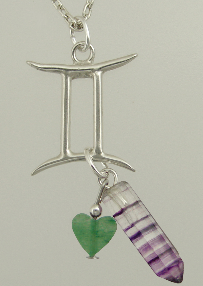 Sterling Silver Gemini Pendant Necklace With an Fluorite Crystal And Green Heart